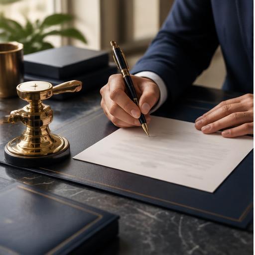 Firma de un documento en un escritorio profesional con sello genérico